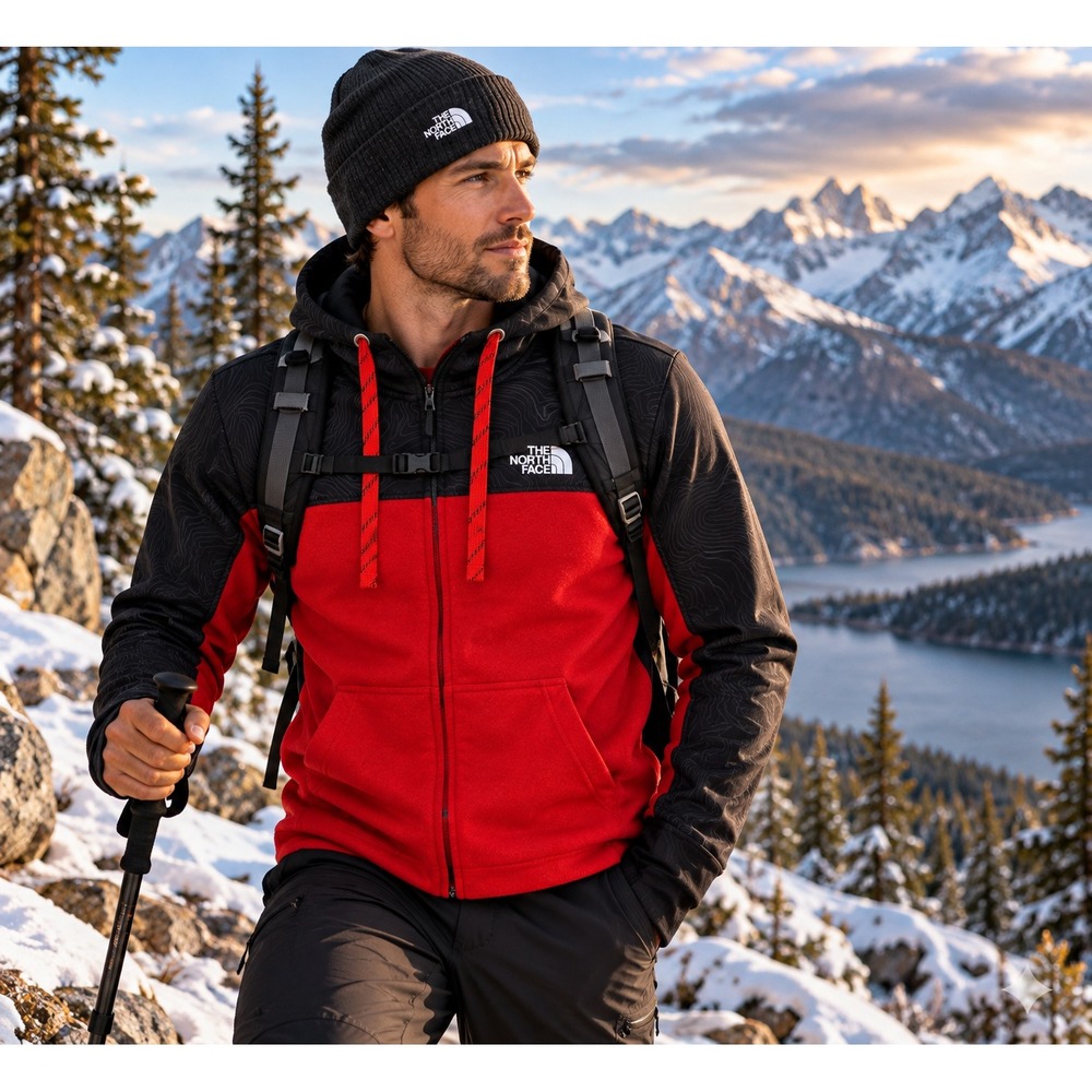 The North Face Mens M Hoodie Red Black Topo Print Full Zip Fleece A34YV